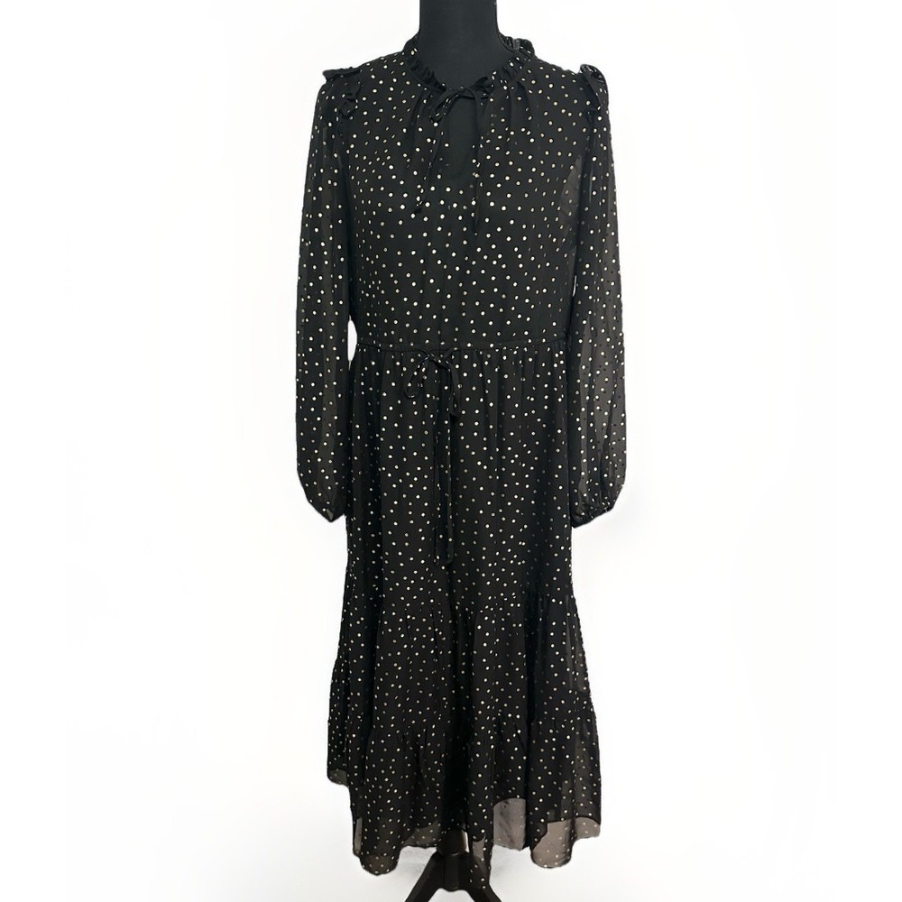 Julia Jordan Black Dress Gold Polka Dot Semi Sheer Long Sleeve Midi Dress 2